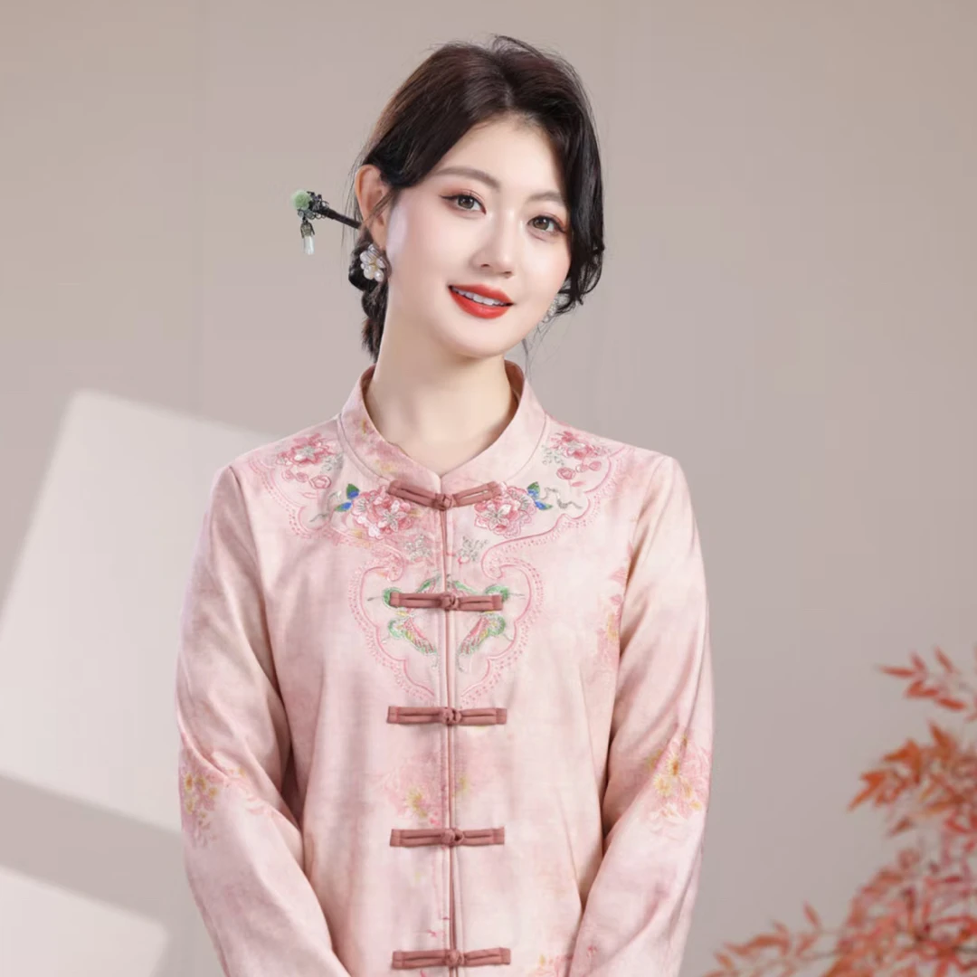 中老年妈妈秋季新款圆领盘扣长袖宽松国风中式开衫上衣