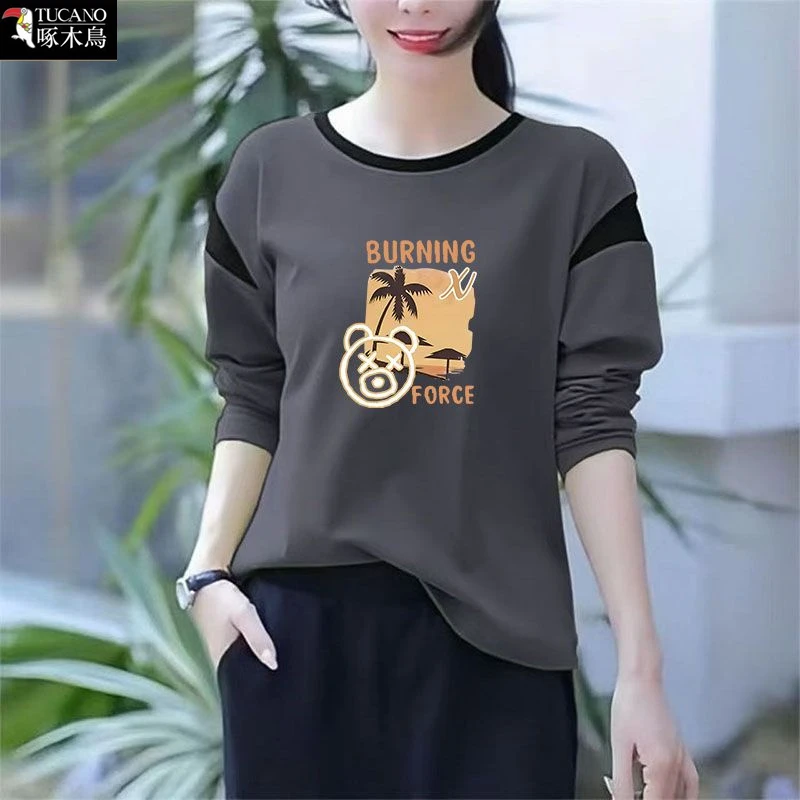 啄木鸟正品春秋季圆领字母印花女长袖T恤2026年中年减龄显瘦上衣