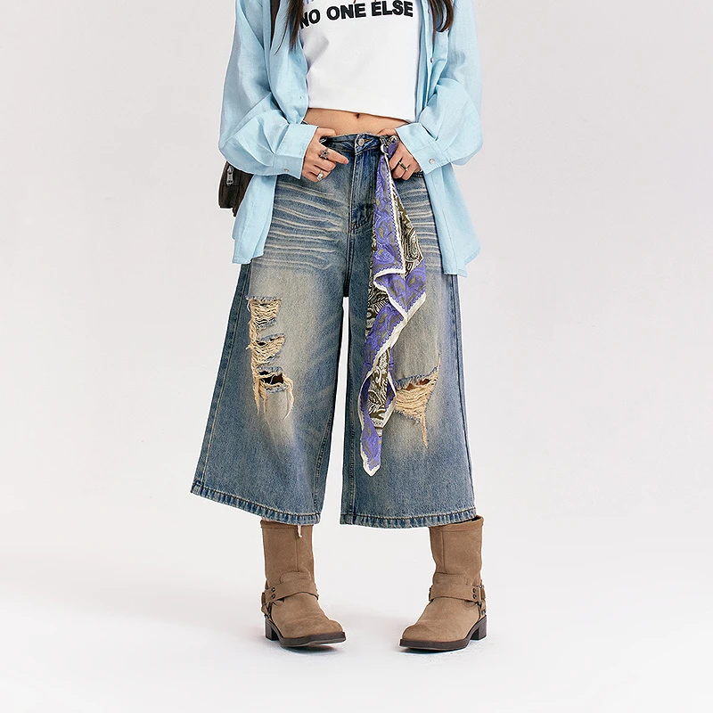 NO ONE ELSE美式复古女装秋季猫须破洞阔腿七分裤水洗做旧牛仔裤