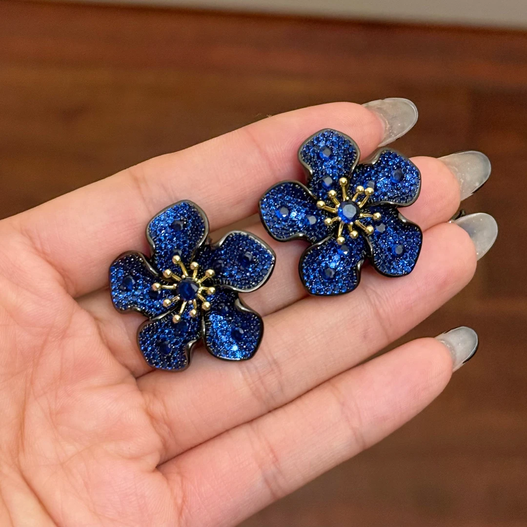 铜合金合成锆石耳饰 E0707 时尚高级定制蓝色花朵耳钉