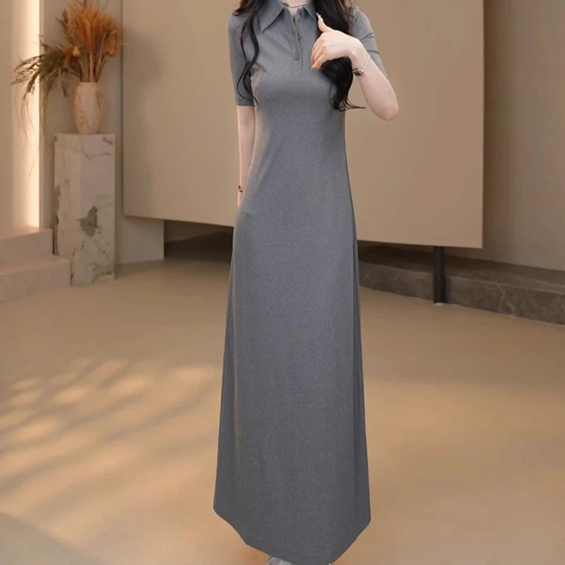 【商场同款】2025新款百搭女士时尚气质垂坠感衬衫领短袖长款连衣裙