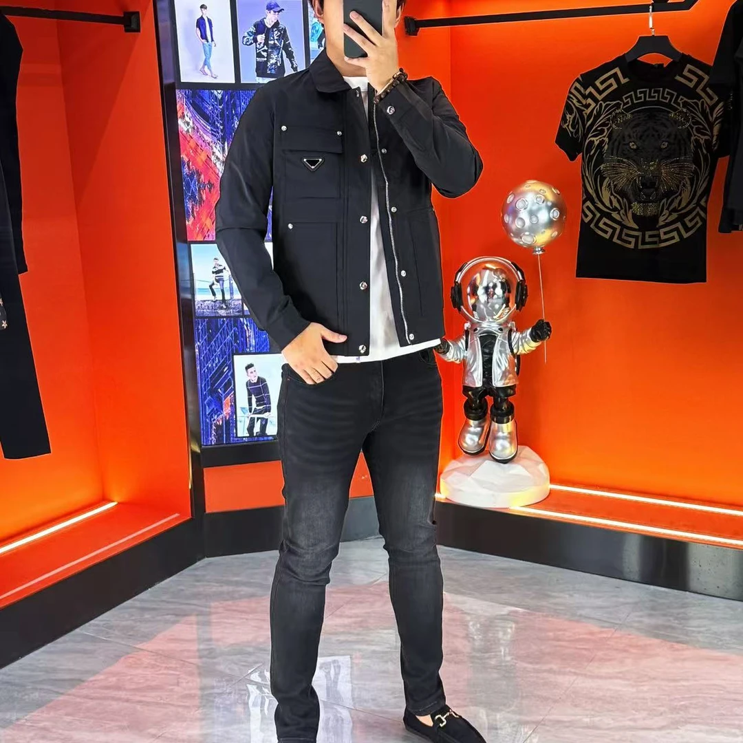 休闲男士秋季拉链纯色高品质修身翻领夹克男时尚百搭外套-6617