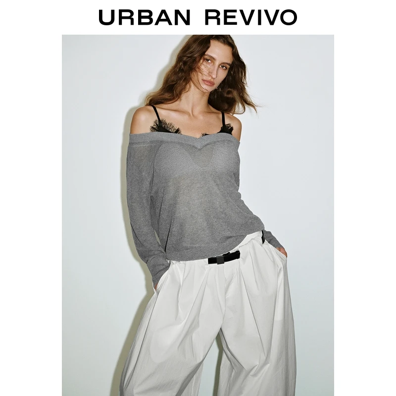 UR2026春季新款女装假两件蕾丝短款针织衫UWJ950058+