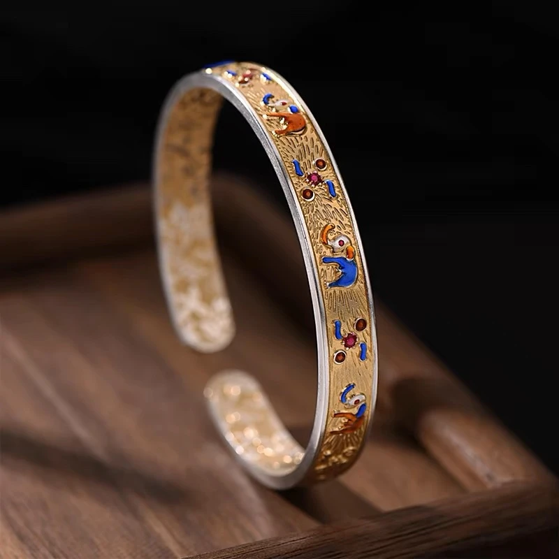 足银手镯 999.9 【34】26G 吉祥小象吉象烧蓝描金珐琅彩可调节彩色