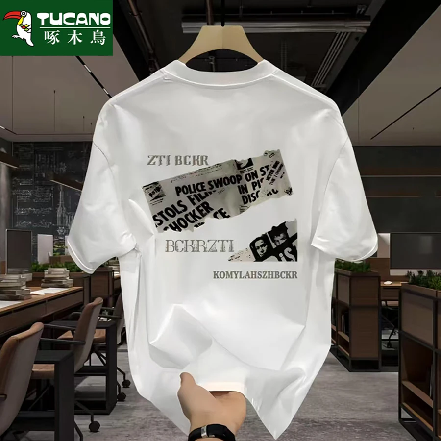 啄木鸟圆领夏季短袖印花T恤男气质短袖ins时尚打底衫潮流修身男装