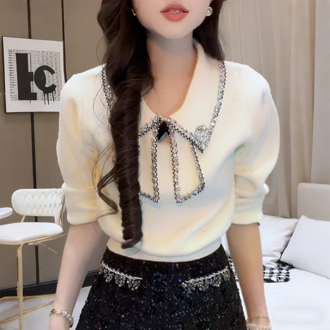 镶钻蝴蝶结翻领长袖针织衫女士秋冬季新款超好看独特漂亮短款上衣