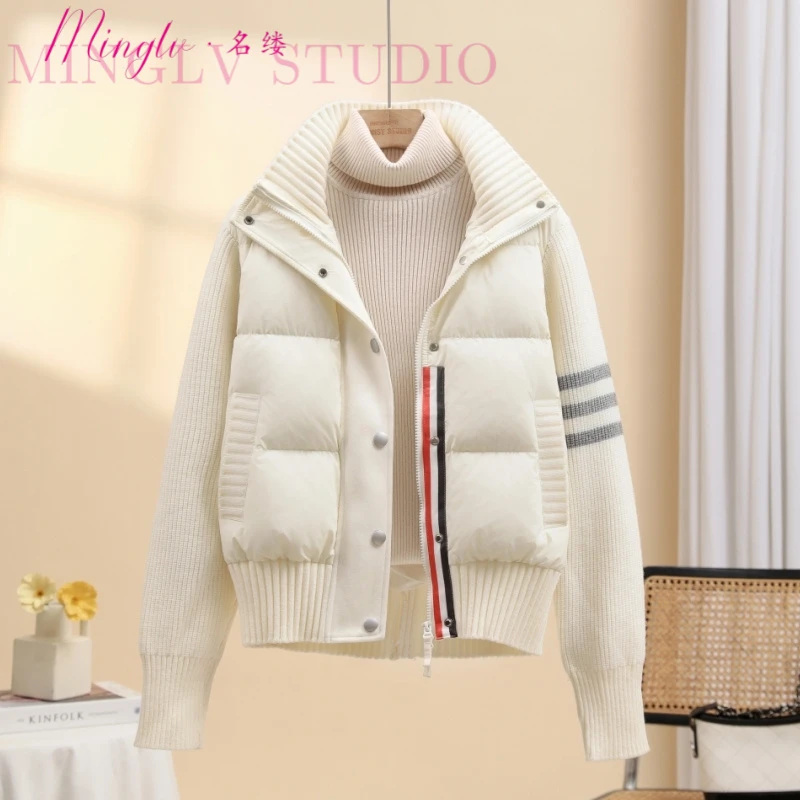 鸭绒羽绒服女短款薄款2025新款针织拼接轻薄洋气保暖秋冬季羽绒服