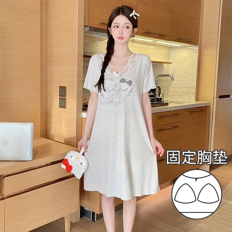 睡裙女2025新款夏季带胸垫一体莫代尔短袖甜美风可外穿睡衣连衣裙