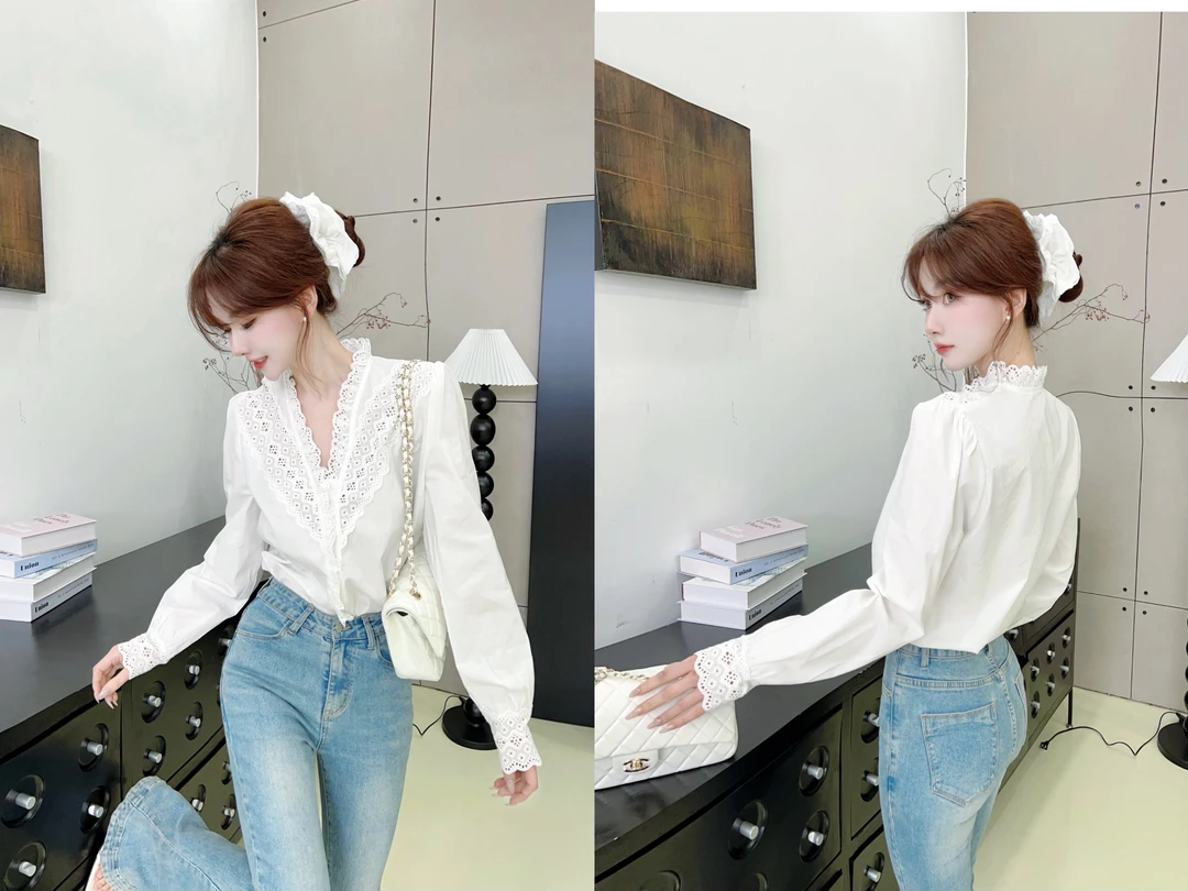 《白秀珠》蕾丝花边钩花缕空v领长袖衬衫#8558
