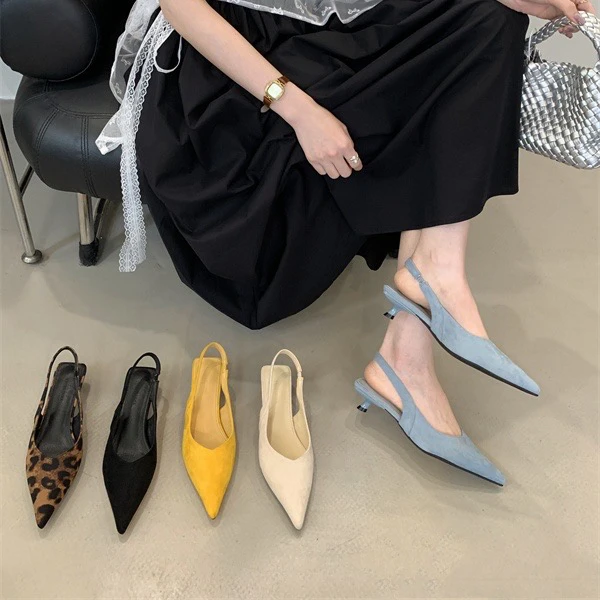 法式气质名媛尖头浅口豹纹高跟鞋2025春夏季绒面后绊带包头凉鞋女