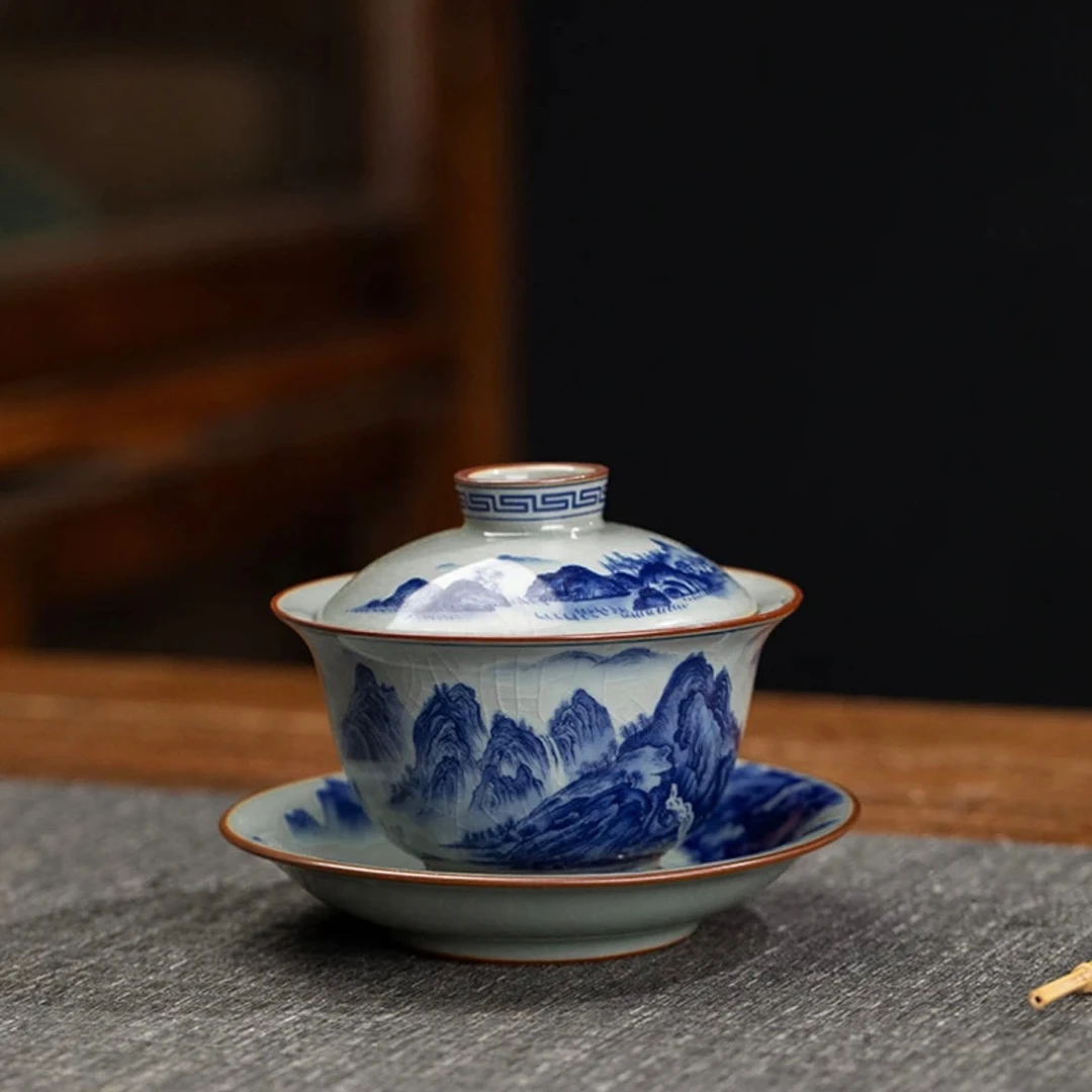 景德镇千里江山三才盖碗焱匠堂釉下彩陶瓷纯手工老陶泥复古盖碗茶