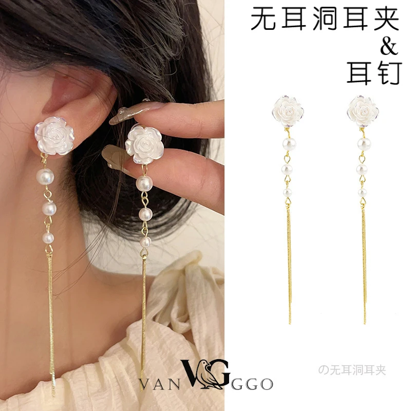 合金耳饰 V G无耳洞耳夹超仙长款流苏山茶花耳饰修脸型圆脸显瘦耳