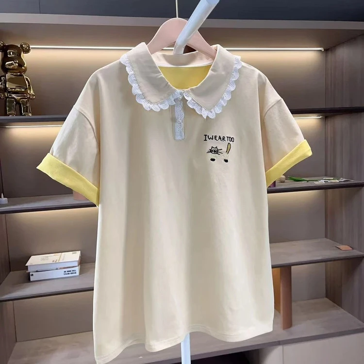 现货2025新款夏季儿童杏色POLO衫可爱刺绣娃娃领短袖上衣百搭潮款