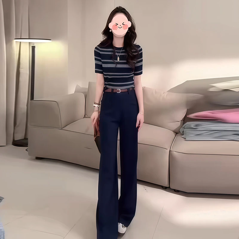 圆领春季短袖时尚套装女2025新款显瘦百搭针织衫休闲直筒裤两件套