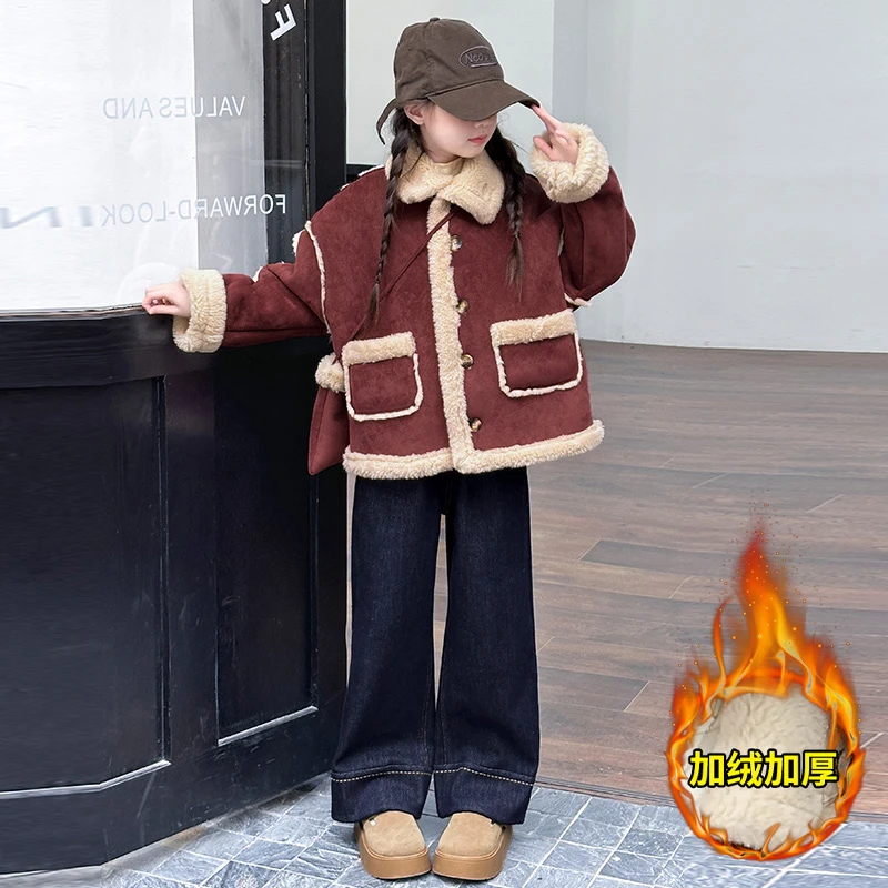 女童秋冬款皮毛一体外套2025新款儿童加绒套装女大童冬季两件套潮