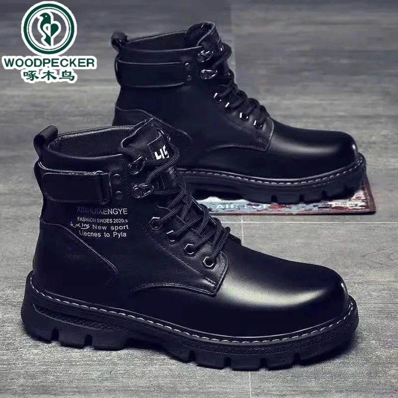 【正品】啄木鸟秋冬2025年新款男士韩版潮流高帮鞋休闲男鞋皮靴加绒