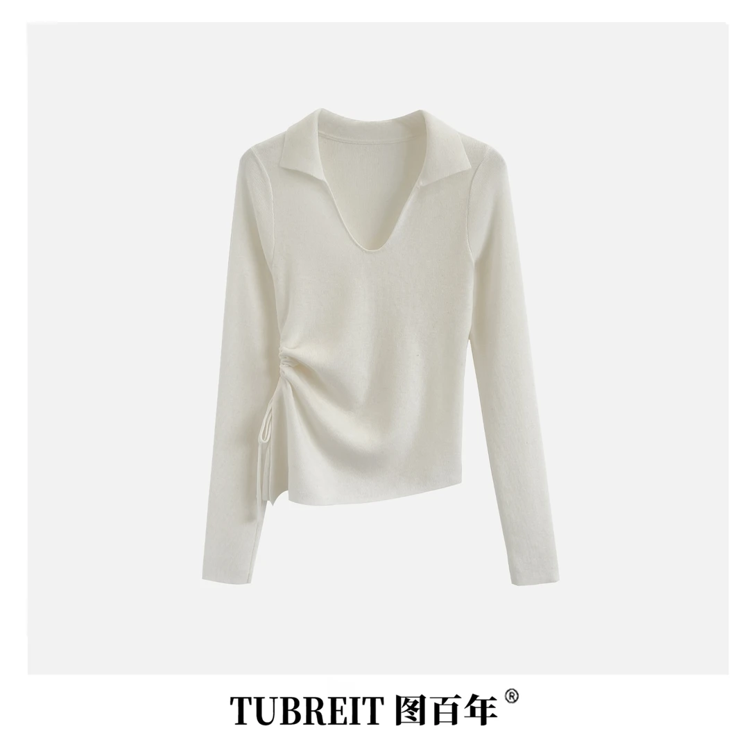 TUBREIT/图百年V领翻领针织t恤下摆不规则抽绳上衣百搭时尚长袖秋