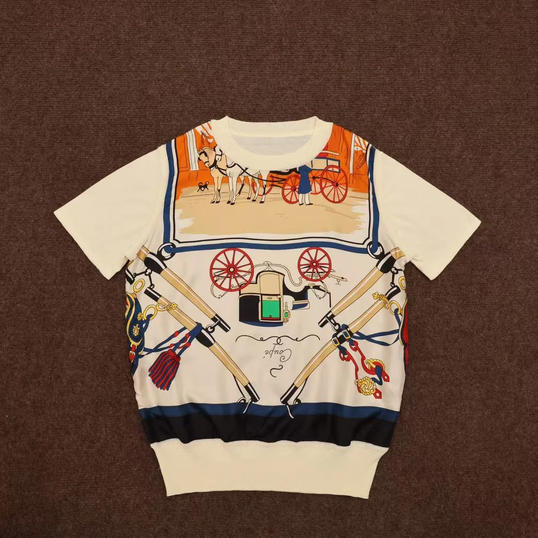 【晨老板】N【经典马车】时尚印花圆领短袖针织69257044