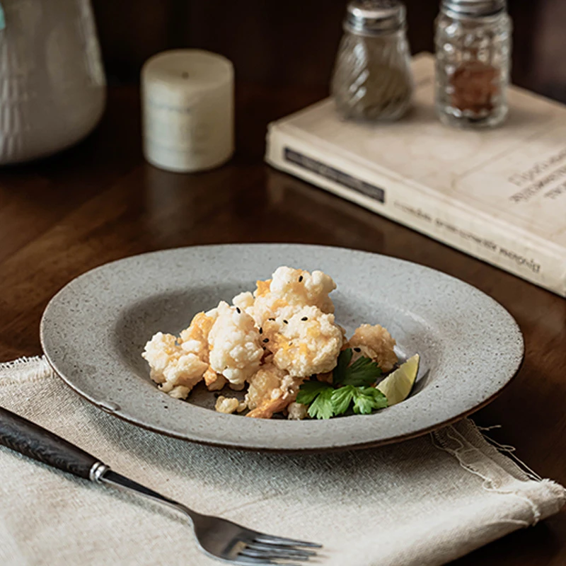 景德镇同款复古风粗陶家用异形盘轻奢西餐牛排盘菜盘沙拉盘意面盘