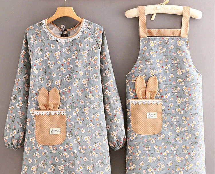 韩版洋气帆布长袖围裙女防污透气家用厨房做饭罩衣餐饮工作服围腰