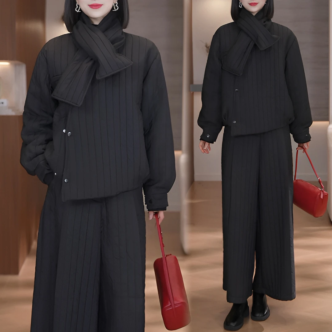 冬季棉服套装韩系设计款条纹纹理不规则外套阔腿裤围巾保暖三件套