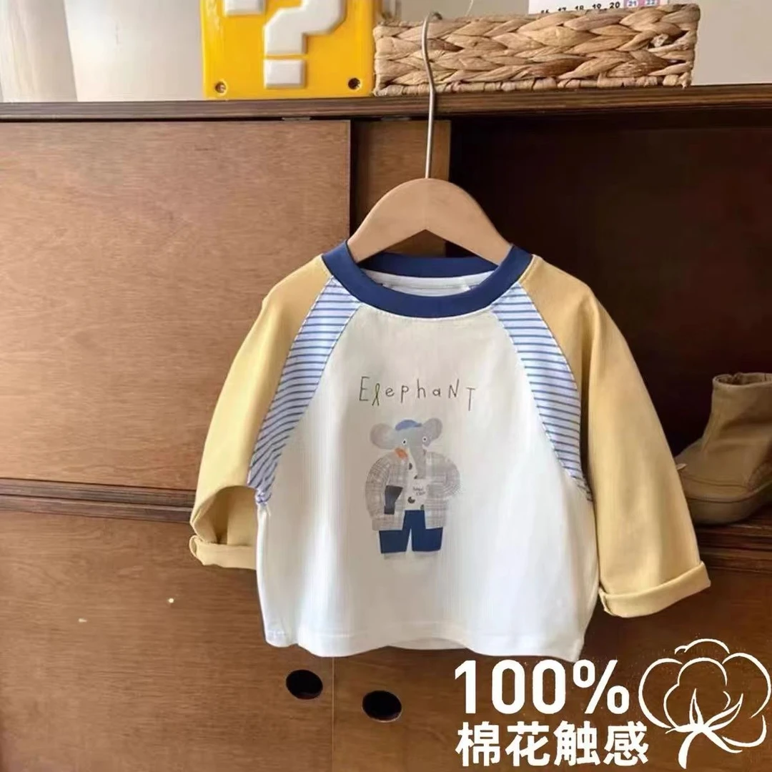 舒适配色~秋季儿童拼色插肩袖T恤长袖男童纯棉打底衫宝宝卡通上衣