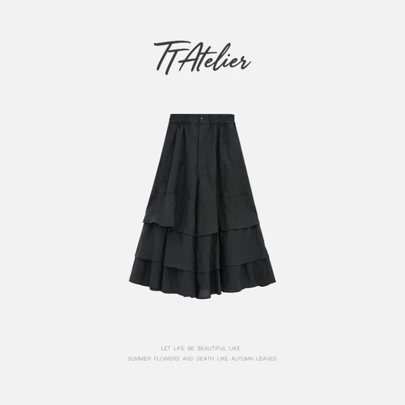 TT设计师【黑森林】日系慵懒感不规则拼接下摆亚麻裙裤TT190631