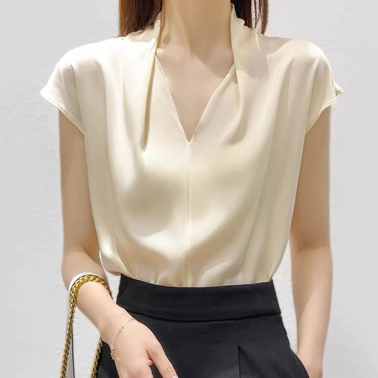 气质V领 高端重磅 2025夏季新款衬衫女士设计感小众短袖T桖上衣