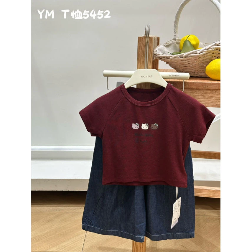 佑萌·25夏~KT猫印花针织T恤Y5452（酒红）