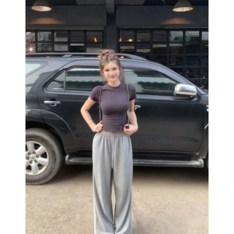 新款休闲百搭时尚正肩短款短袖T恤上衣高腰修身显瘦宽松阔腿裤女