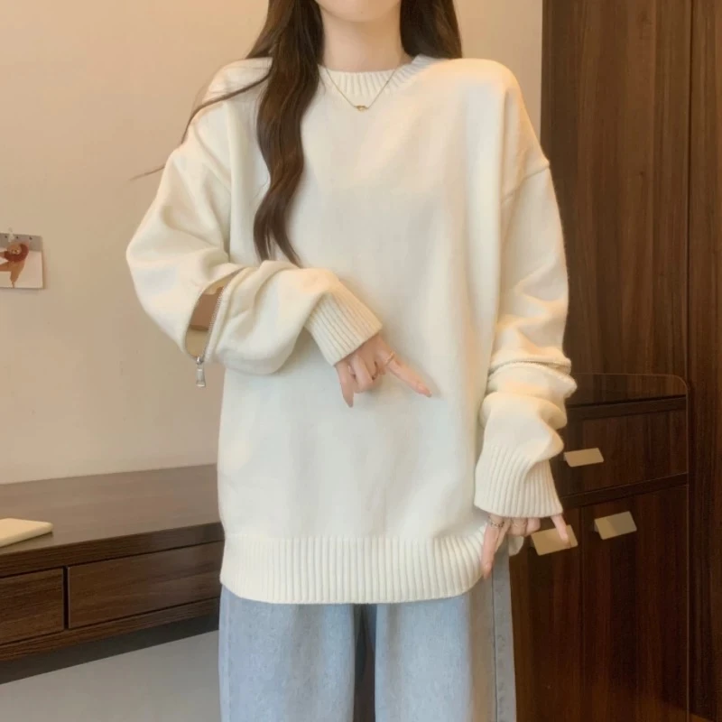 【宠粉浮力】圆领大版慵懒风袖口拉链遮肉百搭女士针织毛衣 a063