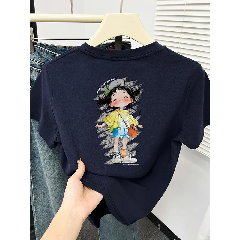 春夏新款韩版洋气女孩印花设计感正肩短袖t恤女小个子内搭上衣服