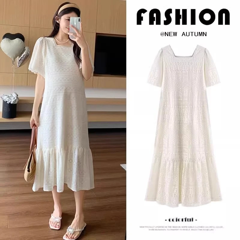 孕妇连衣裙夏款2025新款时尚洋气宽松法式蕾丝方领长裙夏季孕妇裙