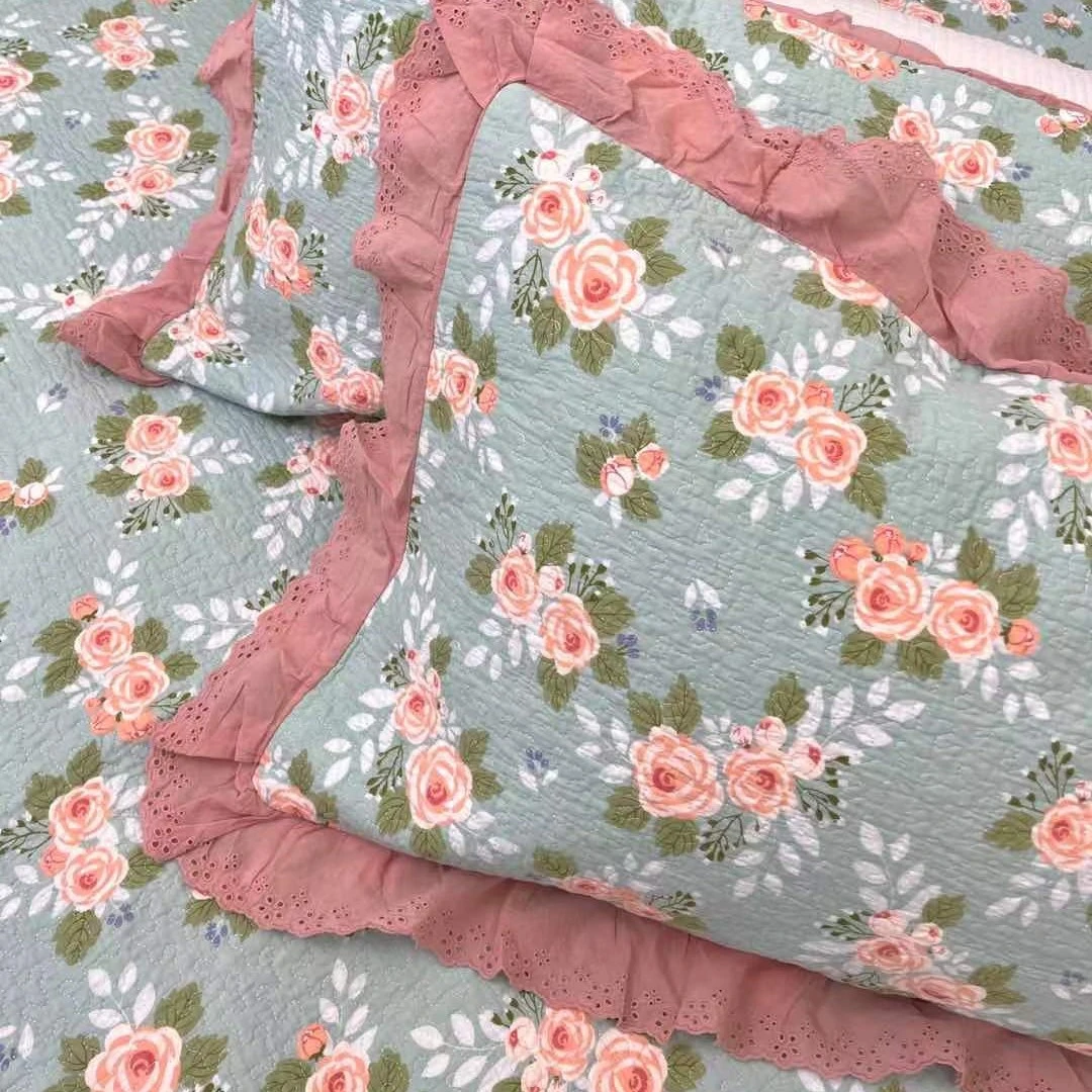 沐莱家纺 （蓝玫瑰）高温水洗全棉床盖 高定法式花边