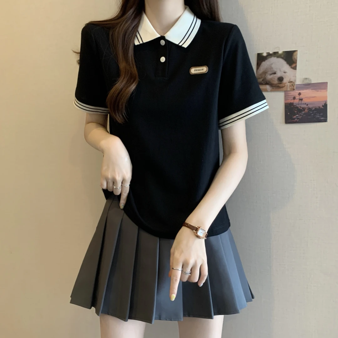 大码女装遮肚子正肩POLO领打底衫女夏季胖妹妹短袖学院风百搭上衣