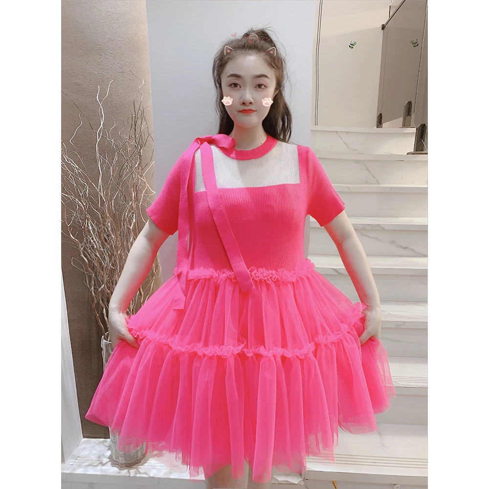 夏季新款蝴蝶结小心机短袖拼接网纱超仙连衣裙女