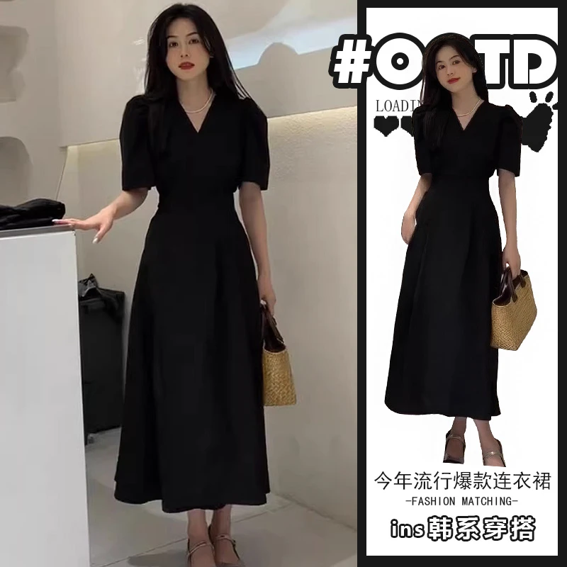 2025夏季法式高级气质优雅简约中长裙女神别致绝美黑色显瘦连衣裙
