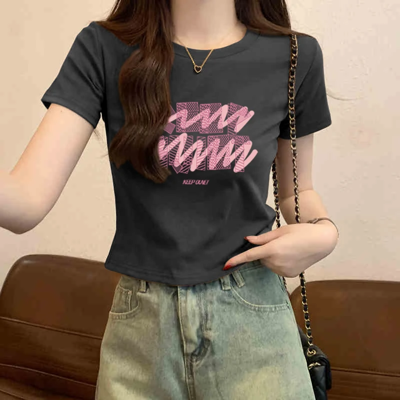 短袖t恤女2025年夏季新款爆款美式纯棉正肩修身短款洋气上衣体恤