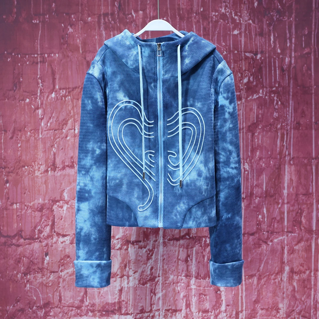 【LIANG哥女装】2025春欧货设计师款苍蓝混染连帽刺绣欧版外套5989A