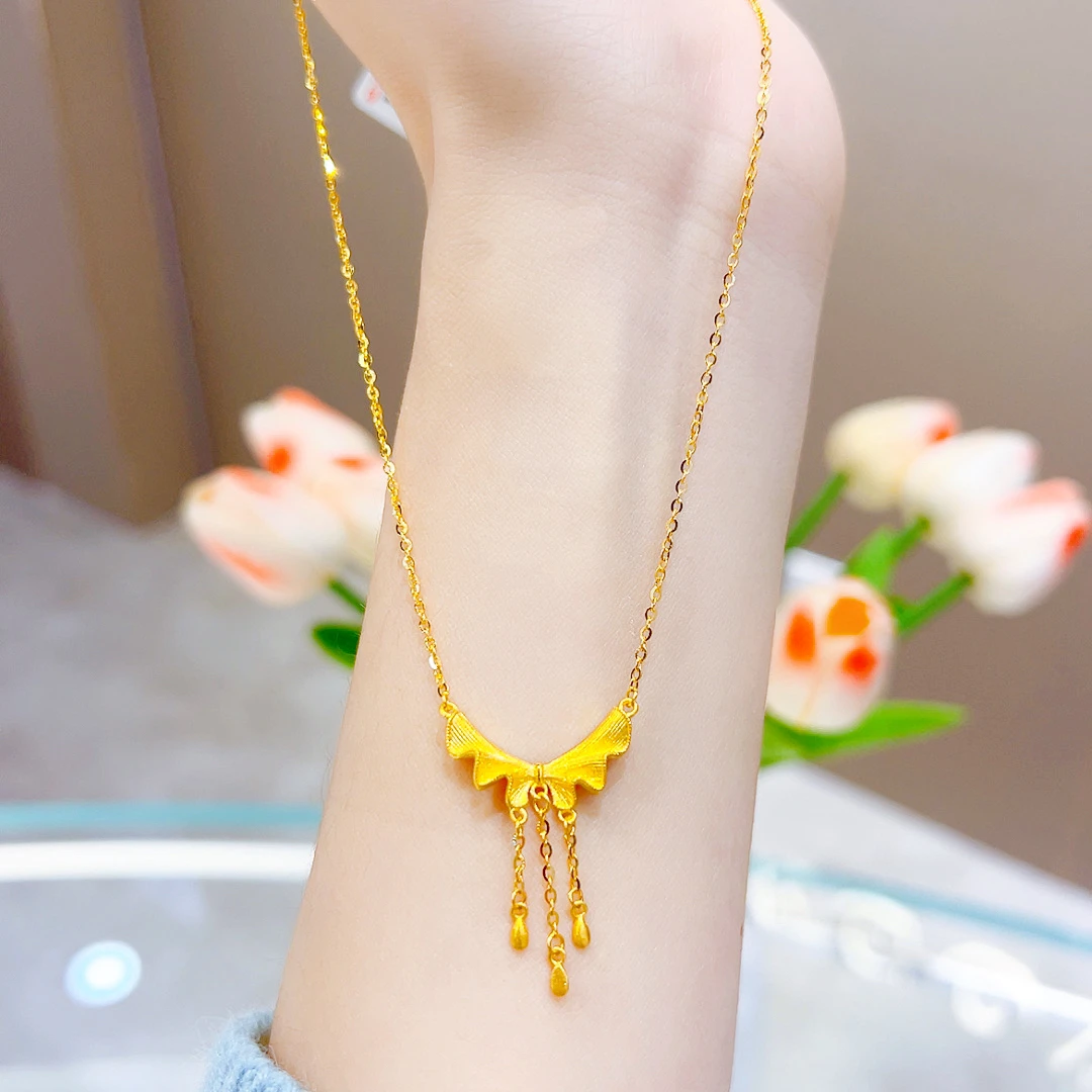 精品5G足金气质女神百褶蝴蝶结项链00739