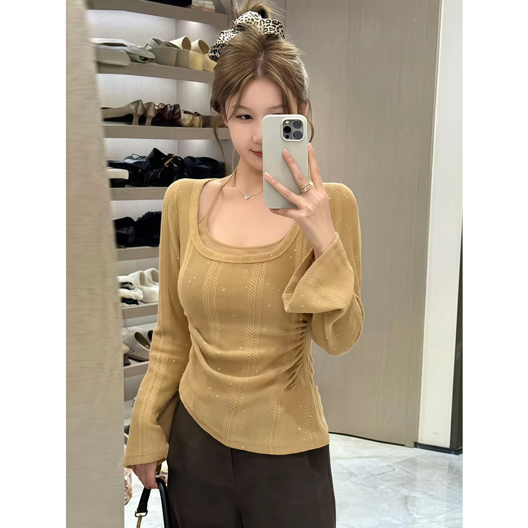 纯欲辣妹风挂脖假两件长袖T恤女秋季新款修身显瘦亮片打底衫上衣