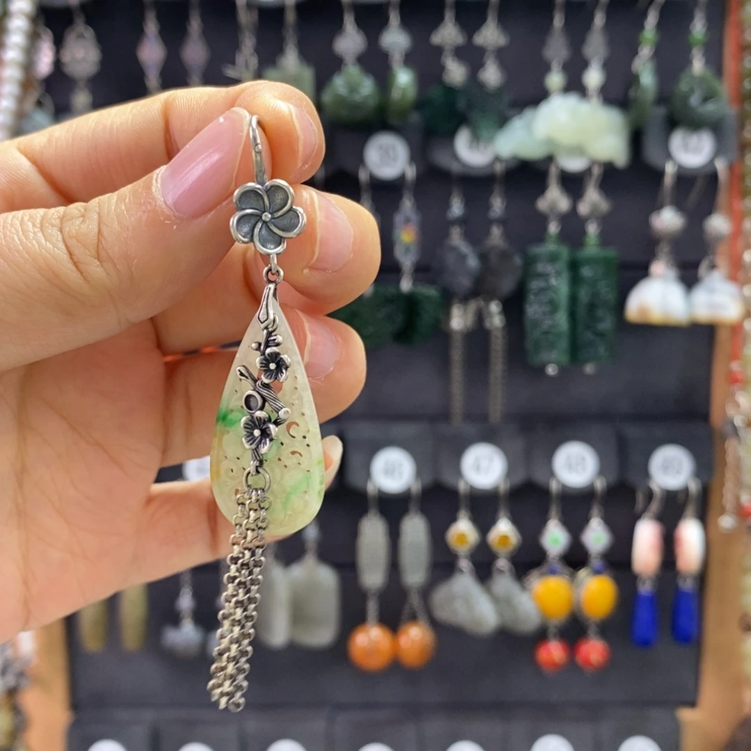 可***多翡翠银S925镶嵌耳饰X27