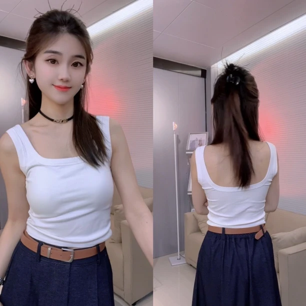 高级感U领工字吊带背心女夏季遮副乳外穿修身短款无袖打底衫上衣