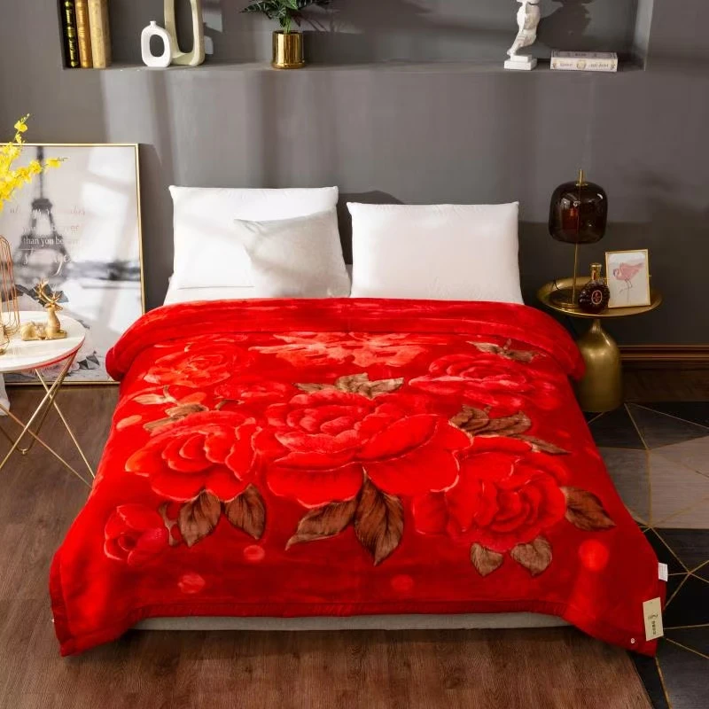 双面玫瑰牡丹大红毛毯