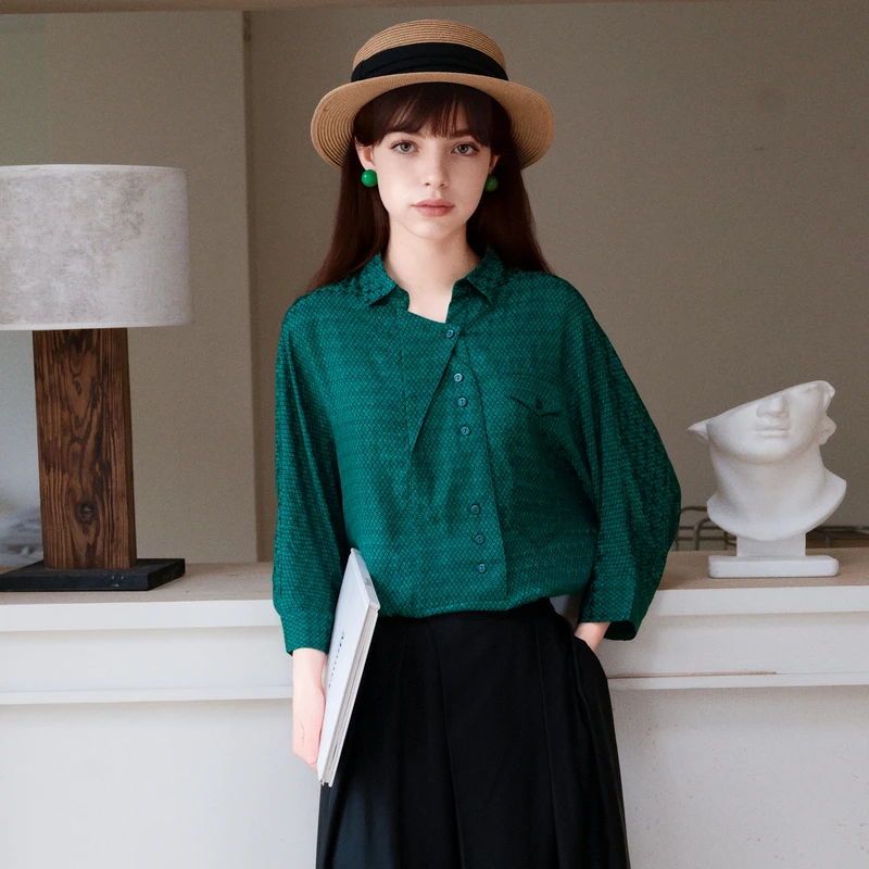 谜底大廓形衬衫五分袖女2025夏季新款通勤提花中长衬衣256MC6265