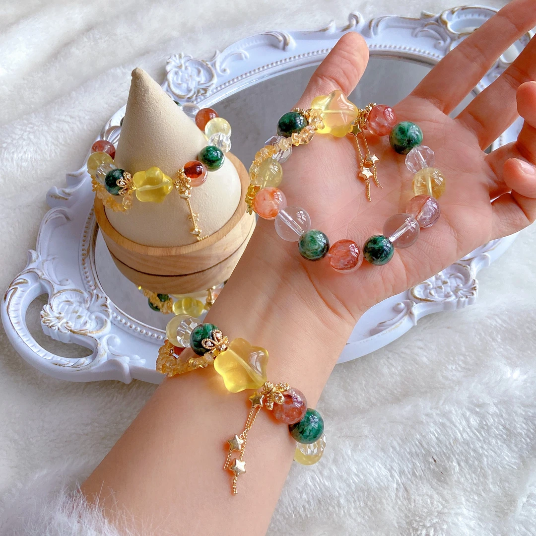 天然水晶红胶花绿祖母晶柠檬晶巴西黄水晶手链ins