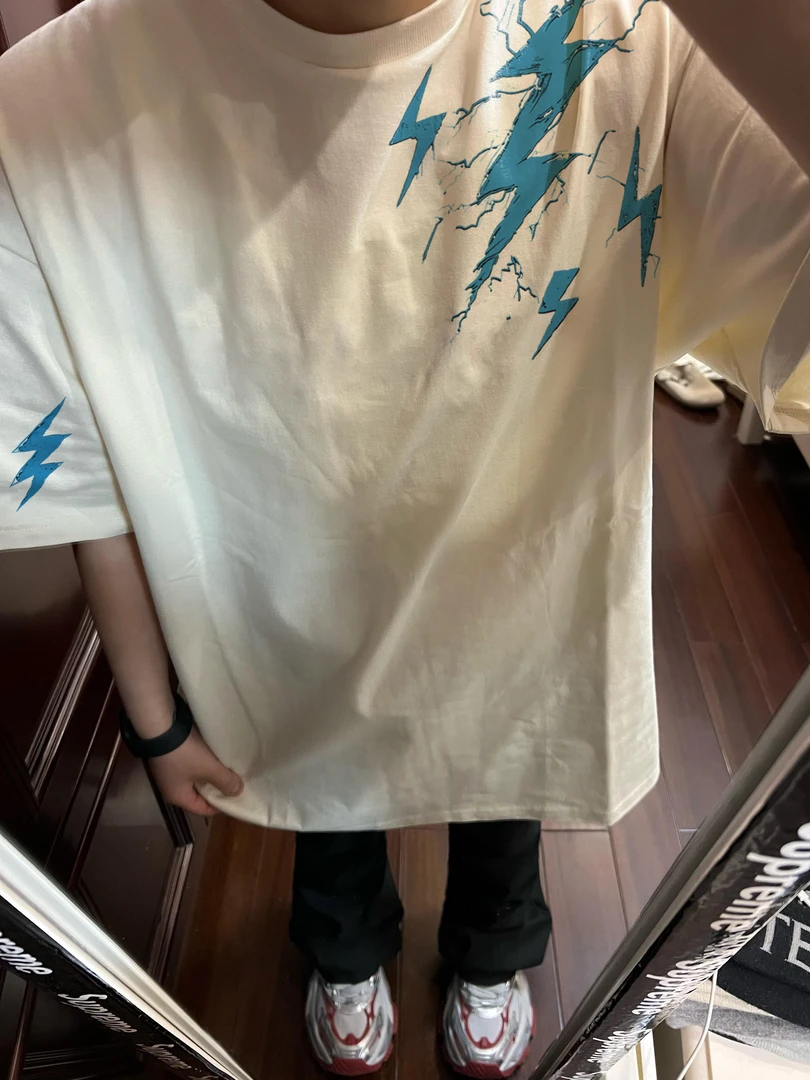 潮牌美式高街闪电印花短袖男款夏季宽松vibe重磅纯棉个性圆领上衣