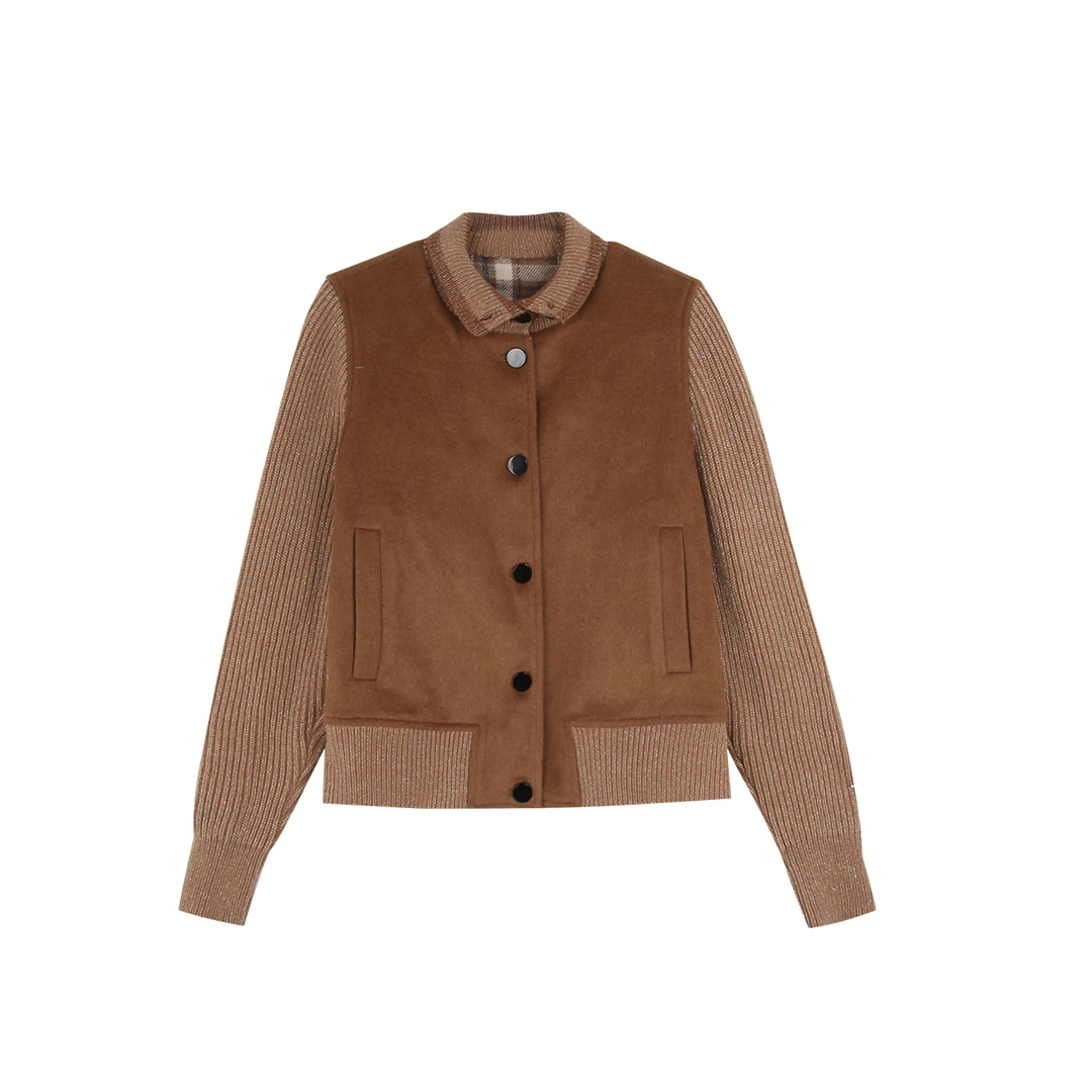 2510016-LP 秋冬新款格纹双面羊绒毛呢拼接螺纹夹克外套