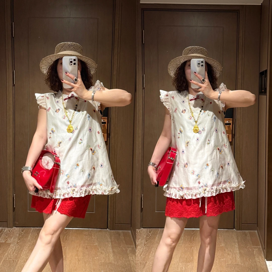 YDFSTUDIO小众【风荷水露】欧货高品刺绣拼接花边设计上衣+短裤套装