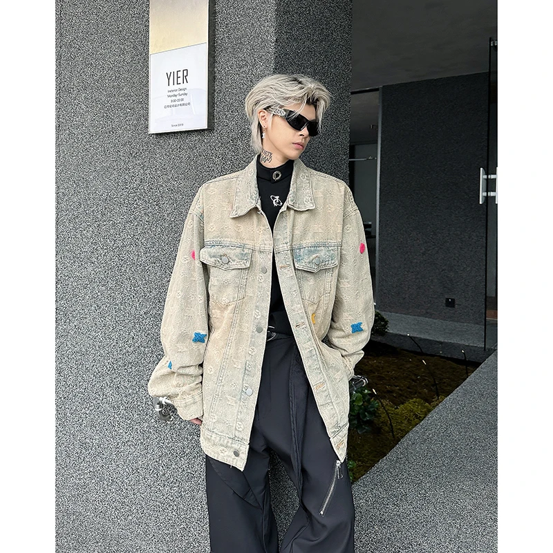 2025美式复古做旧黄泥染牛仔外套男秋季新款宽松街头潮牌开衫上衣